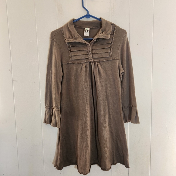 Free People Olive Pleat Neckline Long Sleeve Mini Dress Size Small Cotton - Picture 1 of 16